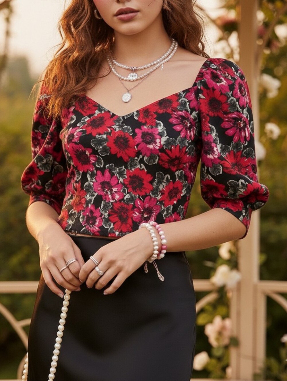 NWOT H&M S Y2K Romantic Coquette Milkmaid Boho Dark Floral Puff Sleeve Crop Top